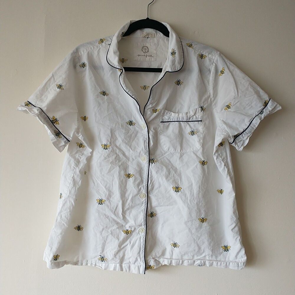 Print Fresh Pajama Top Shirt Womens 1 Bees Embroidery White Short Sleeve Organic